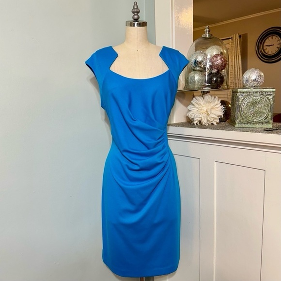 Calvin Klein Ruched Stretch Sheath Dress Blue Teal Size 14 - Picture 2 of 10